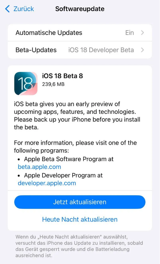 嘉积镇苹果手机维修分享苹果 iOS / iPadOS 18 开发者预览版 Beta 8 发布 